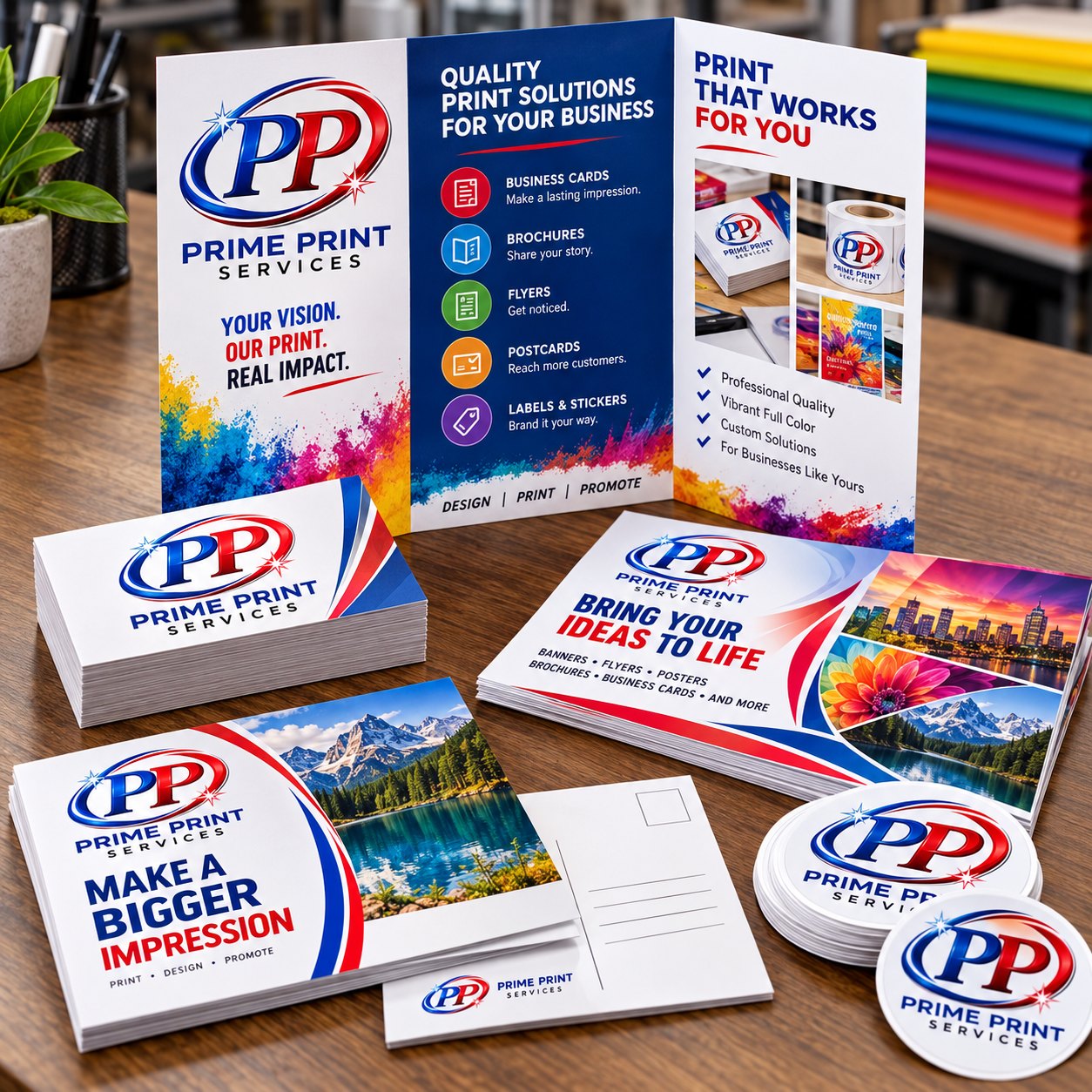 Business cards, brochures, flyers and stickers