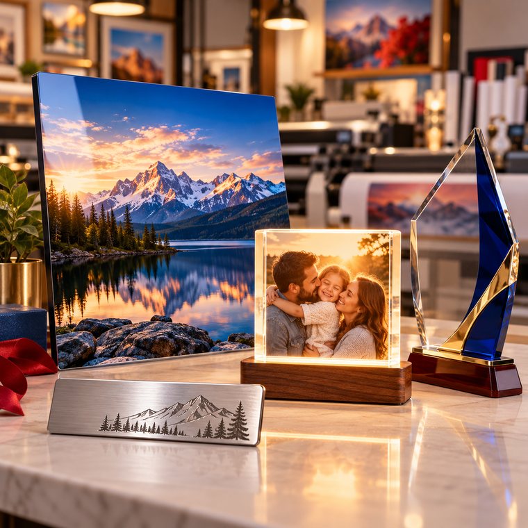 Photo gifts, acrylic lamps and engraved plaques